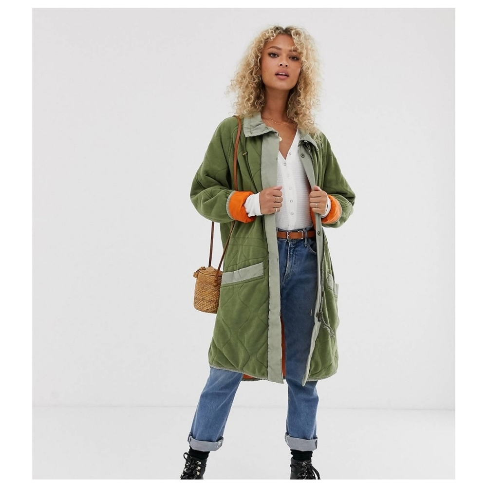 Free People Green Quilted Coat with Orange Accents